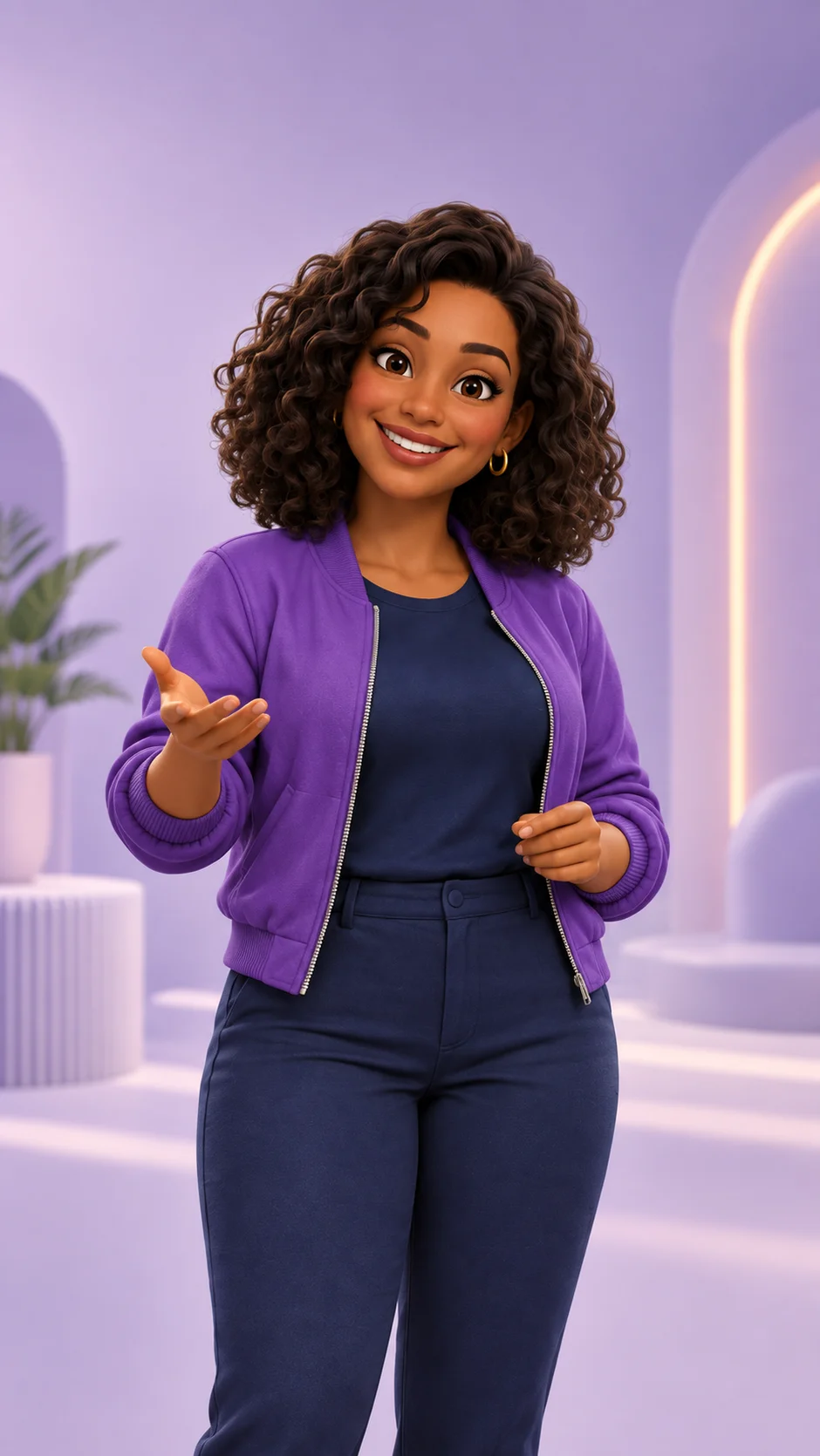 Personagem da VemPost: mulher de cabelos cacheados castanhos, jaqueta roxa e roupa azul-marinho, sorrindo e estendendo a mão.